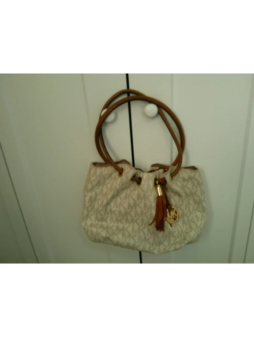 Michael Kors Beige and Brown Monogram Tote Bag with Tassel Charm